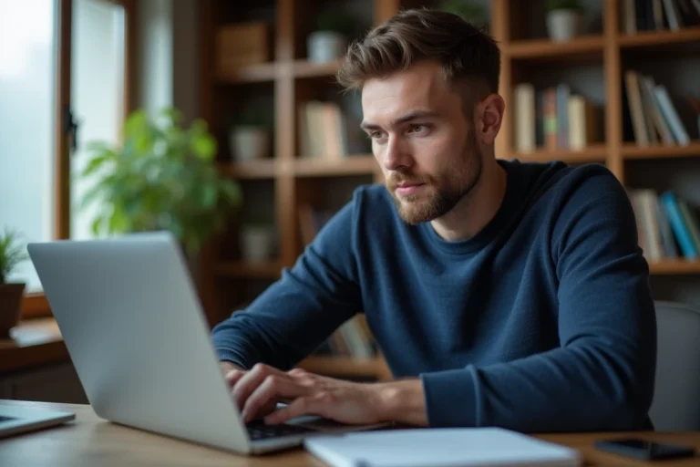 Homme accédant en toute sécurité à une plateforme de streaming sur son ordinateur portable depuis un bureau à domicile