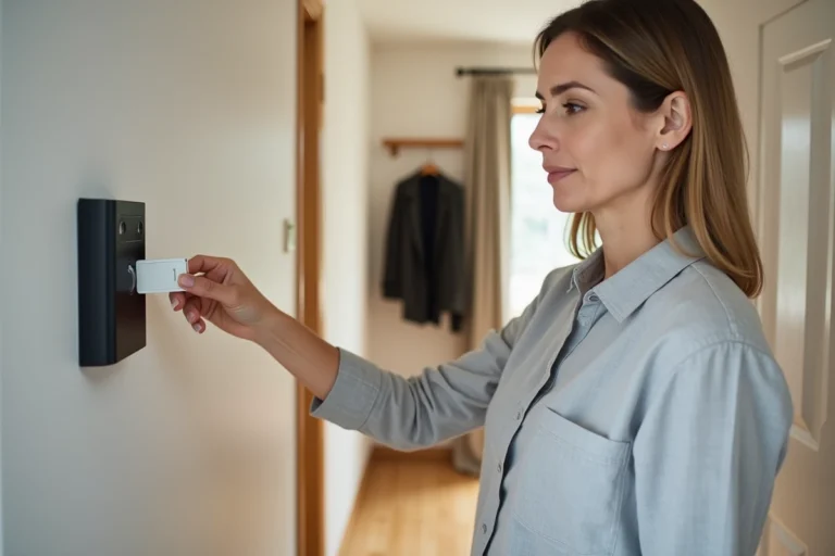 Femme utilisant un badge RFID pour activer son alarme Verisure sur le clavier mural de l'entrée de sa maison