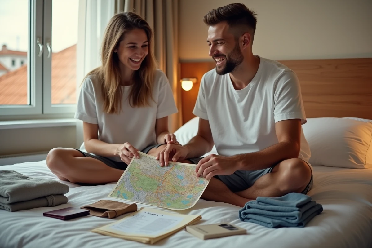 Deux amis préparant leur valise ensemble dans une chambre d'hôtel européenne avant un voyage