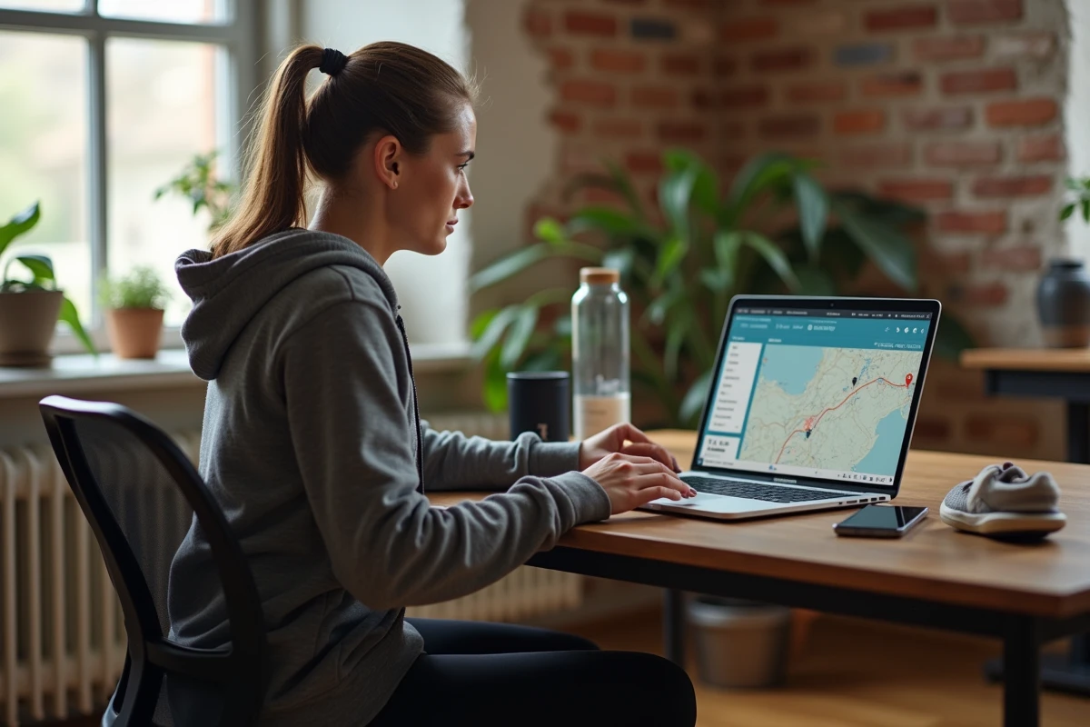 Femme analysant ses statistiques Strava gratuites sur un ordinateur portable dans un bureau à domicile