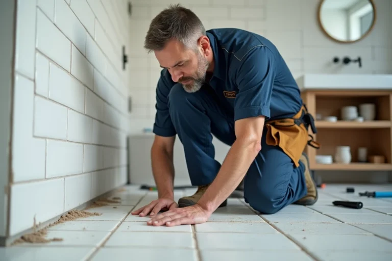 Artisan carreleur professionnel inspectant des joints de carrelage dans une salle de bain en rénovation