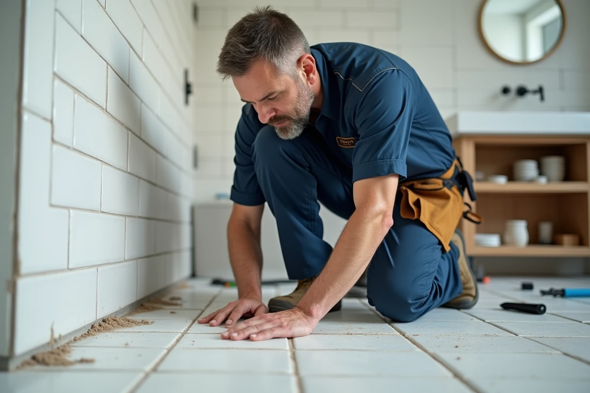 Artisan carreleur professionnel inspectant des joints de carrelage dans une salle de bain en rénovation