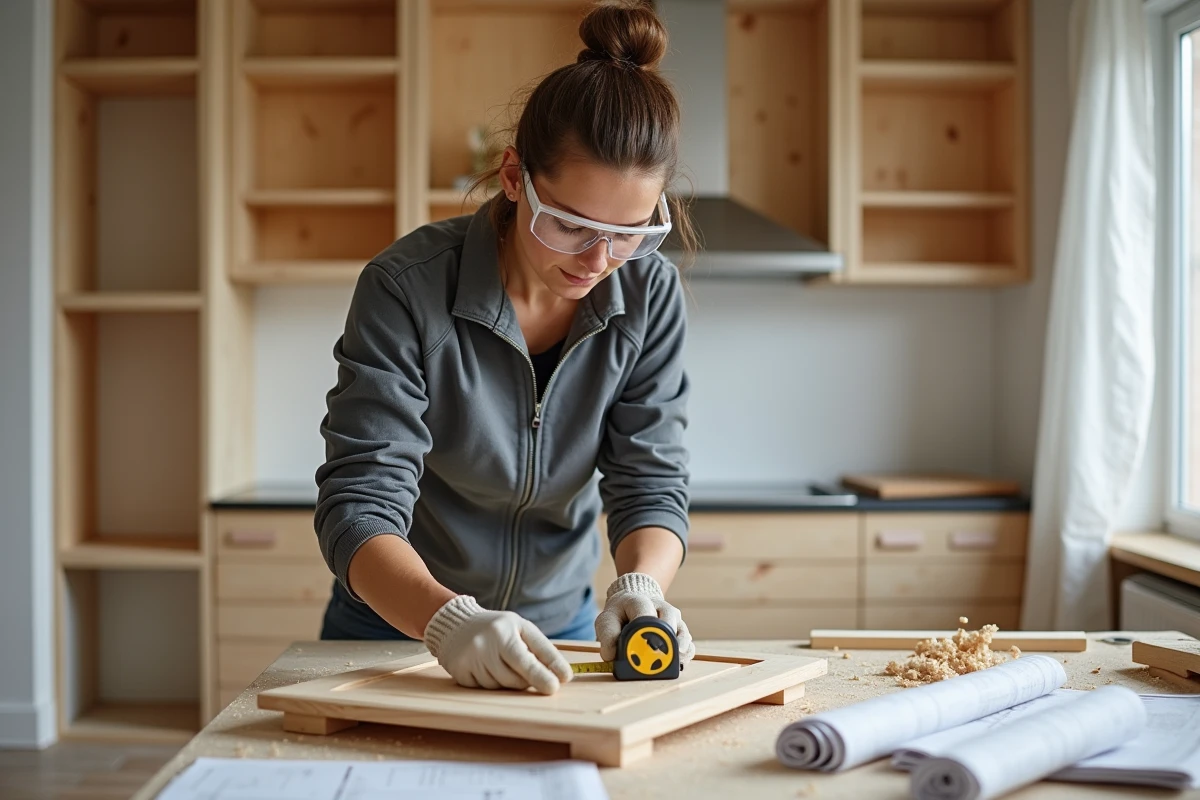 Artisane menuisière mesurant une porte de placard en bois dans une cuisine en cours de rénovation