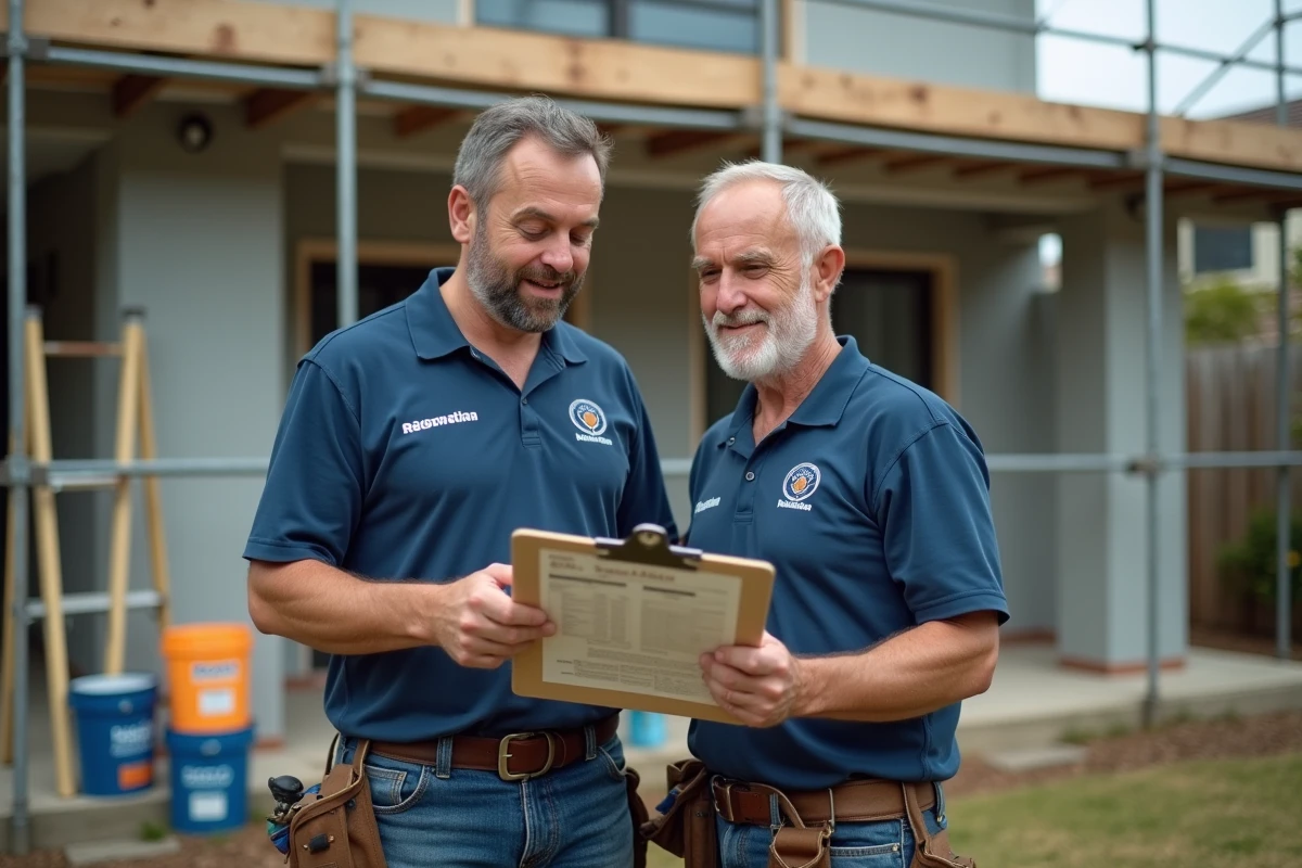 Deux artisans du bâtiment consultant un devis de rénovation devant une maison avec échafaudage