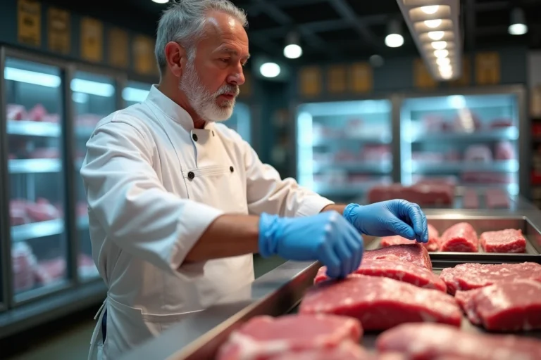 Boucher en tablier blanc inspectant des morceaux de bœuf frais dans le rayon boucherie d'un supermarché Lidl