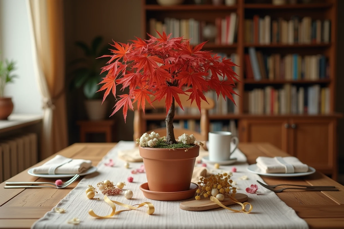 Érable japonais en pot offert comme cadeau symbolique pour un anniversaire de noces d'or avec décoration dorée