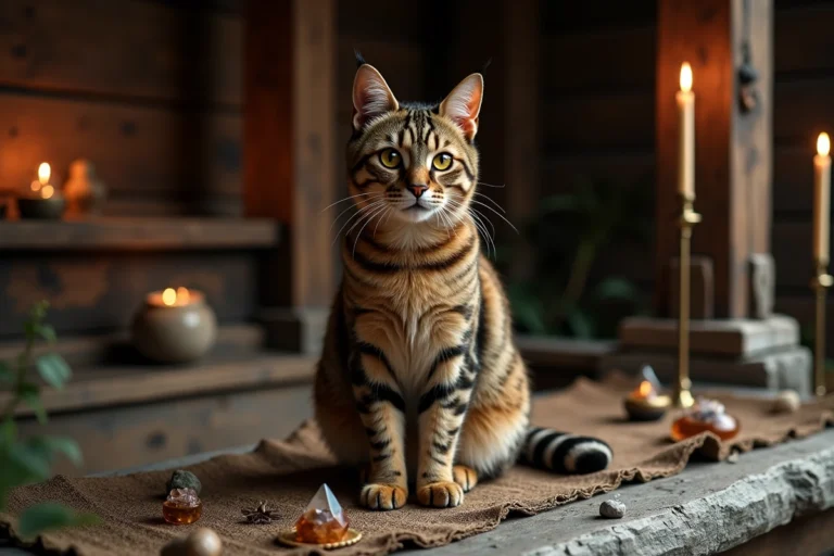 Chat marron et beige assis sur un autel rituel en pierre dans un temple en bois, entouré de cristaux et d'herbes séchées, symbolisant la spiritualité féline