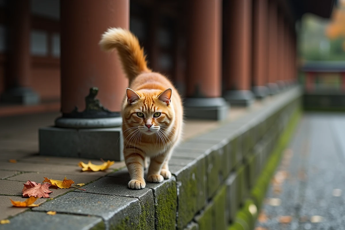 Chat marron et beige marchant sur un vieux mur de pierre moussu dans un sanctuaire shintoïste japonais, évoquant le symbolisme spirituel du chat en Asie