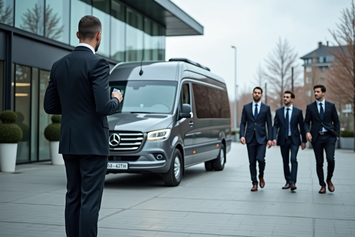 Chauffeur professionnel accueillant un groupe d'entreprise devant un minibus 15 places pour un transfert d'affaires