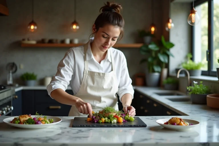 Cheffe cuisinière en tablier blanc dressant une assiette gastronomique de légumes fermentés et micropousses dans une cuisine moderne tendance
