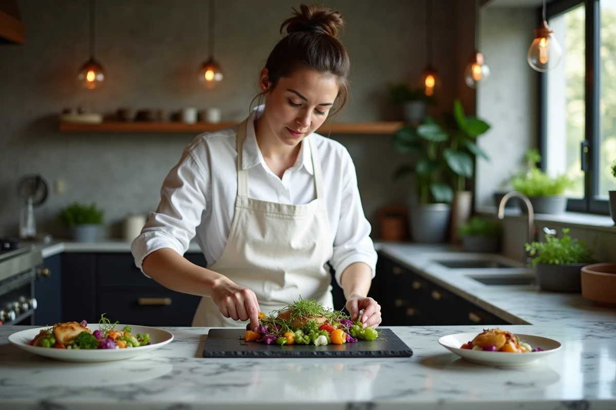Cheffe cuisinière en tablier blanc dressant une assiette gastronomique de légumes fermentés et micropousses dans une cuisine moderne tendance