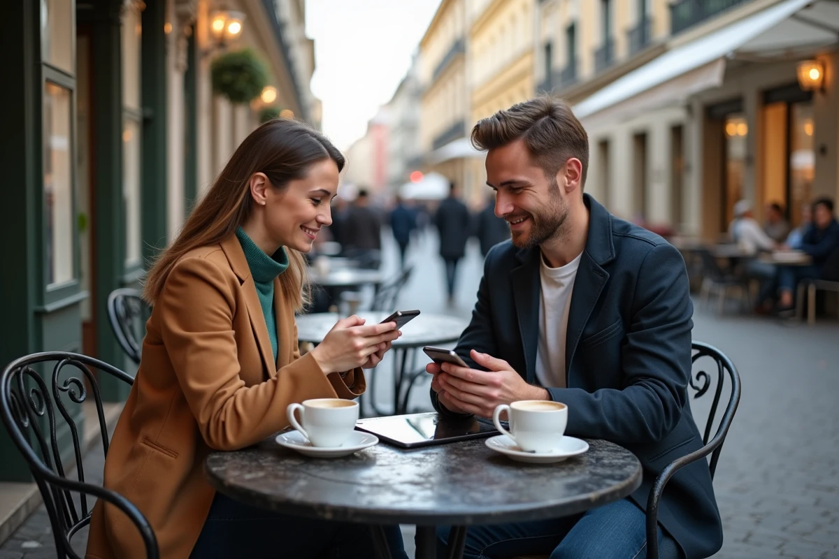 Deux collègues partageant des actualités web et tendances numériques sur leurs smartphones en terrasse de café urbain