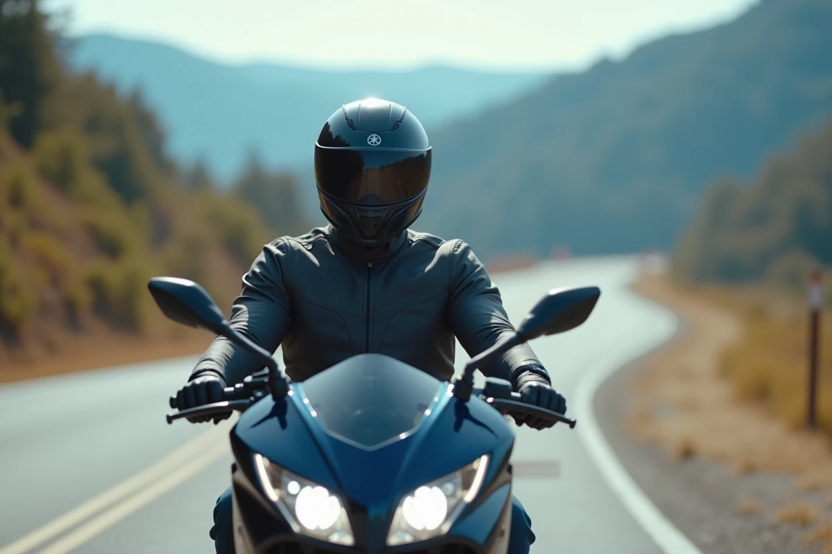 Conducteur sur un Yamaha TMax 750 bleu sur une route de montagne sinueuse