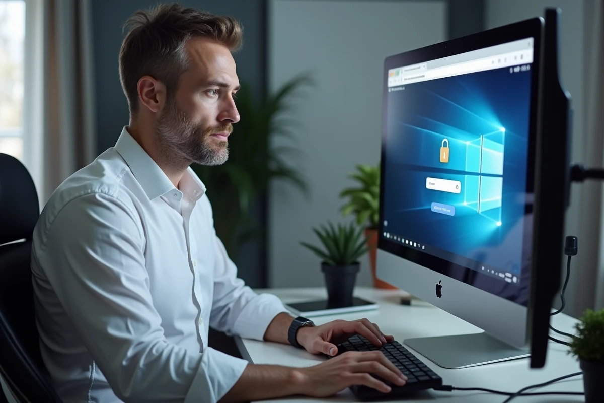 Homme se connectant de façon sécurisée à une plateforme de streaming depuis un poste de travail professionnel à domicile