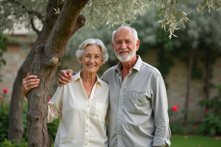 Couple de personnes âgées posant devant un olivier mature dans un jardin fleuri pour célébrer 50 ans de mariage