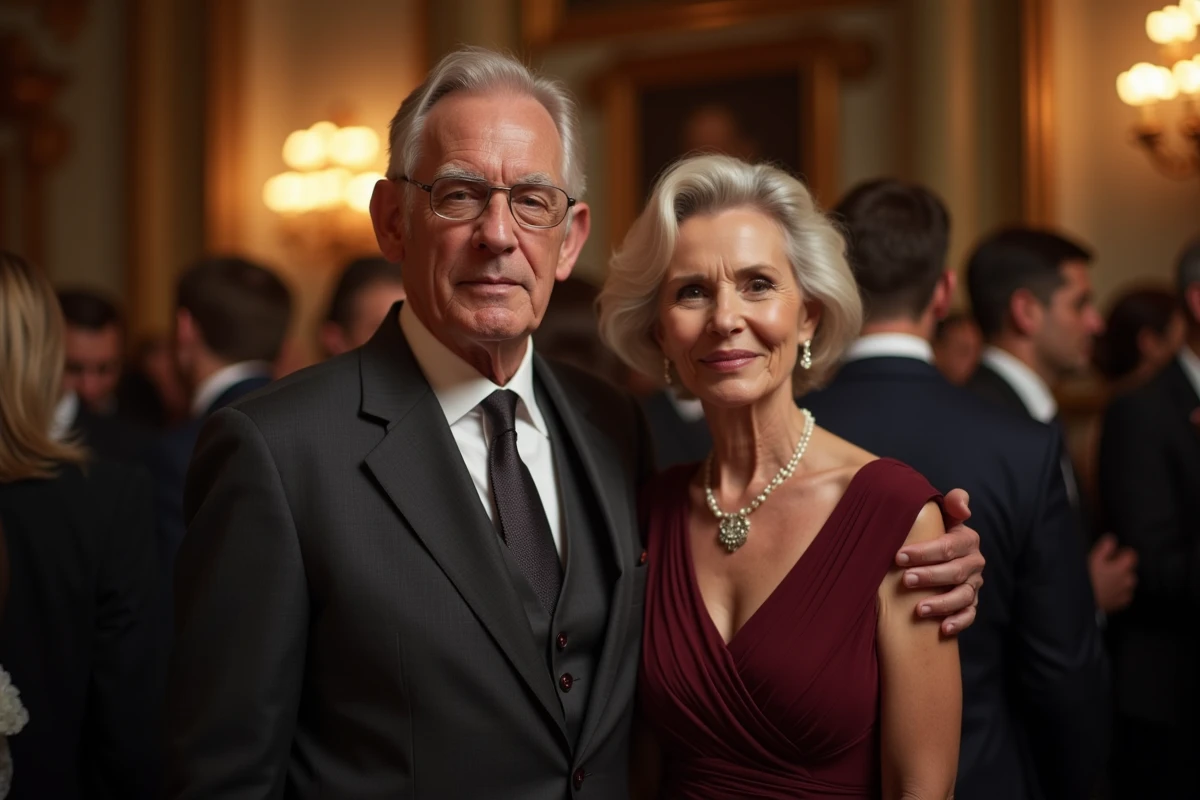Couple élégant lors d'une soirée culturelle officielle, homme en costume et femme en robe bordeaux