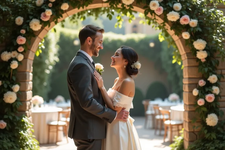 Couple de mariés souriants sous une arche fleurie de roses blanches et roses dans un jardin élégant lors d'une réception de mariage