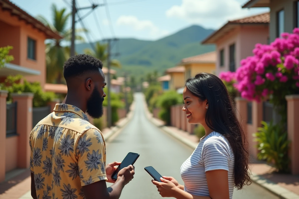 Couple utilisant un smartphone pour trouver une adresse avec code postal dans une rue résidentielle de Quatre Bornes, île Maurice