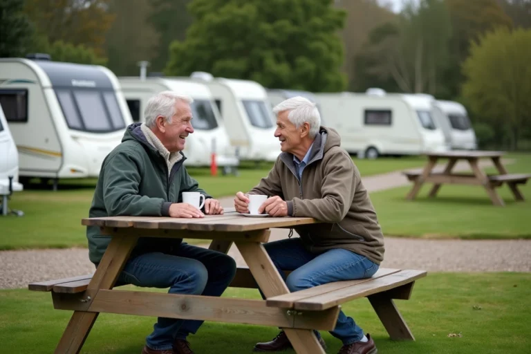 Couple retraité buvant un café devant leur camping-car dans la nature