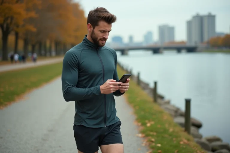Coureur urbain consultant l'application Strava gratuite sur son smartphone pendant une pause sur un sentier de running en ville
