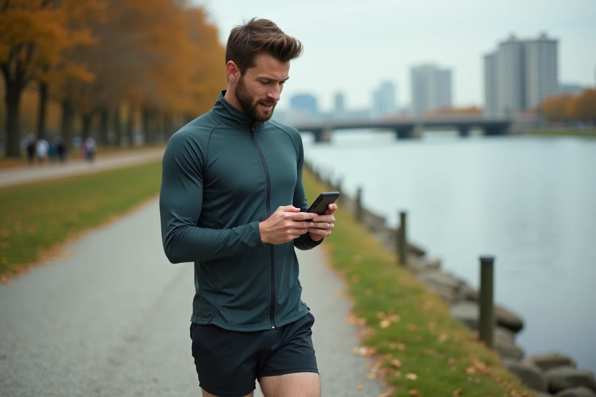 Coureur urbain consultant l'application Strava gratuite sur son smartphone pendant une pause sur un sentier de running en ville