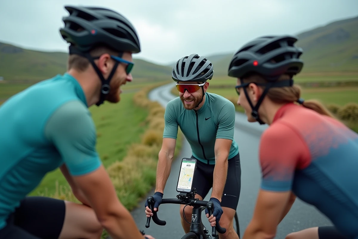 Groupe de cyclistes consultant gratuitement une carte d'itinéraire Strava sur smartphone lors d'une sortie vélo en campagne