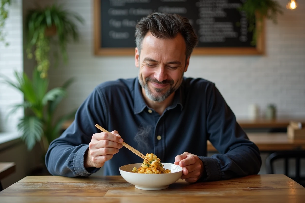 Homme dégustant un plat de chou-fleur glacé au miso dans un café urbain tendance, illustration des nouvelles tendances culinaires plant-based