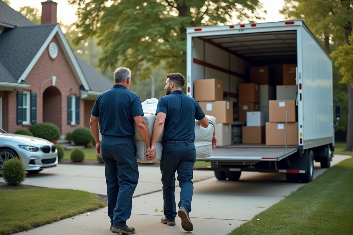 Deux déménageurs professionnels portant un canapé emballé depuis une maison vers un camion de déménagement