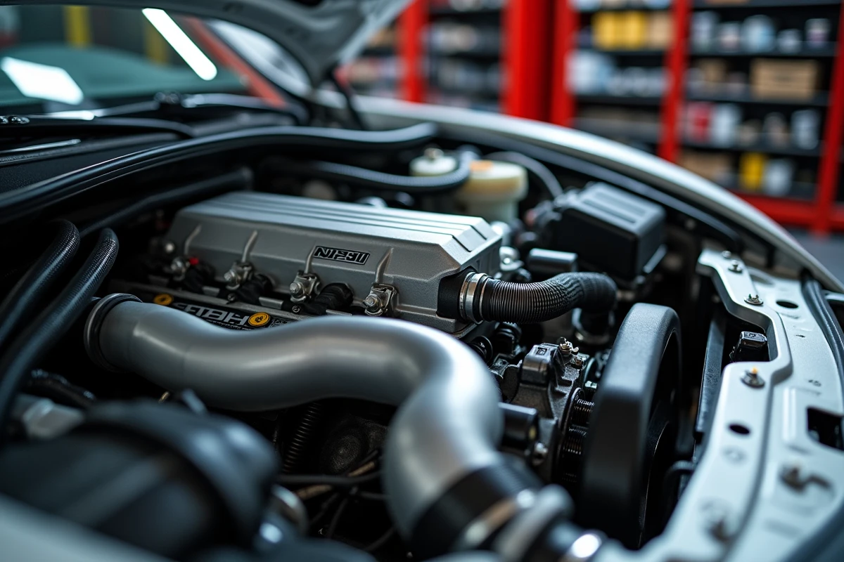 Zoom sur le compartiment moteur d'une voiture de sport avec des pièces de préparation stage 1, filtre à air sport et pipes intercooler en aluminium