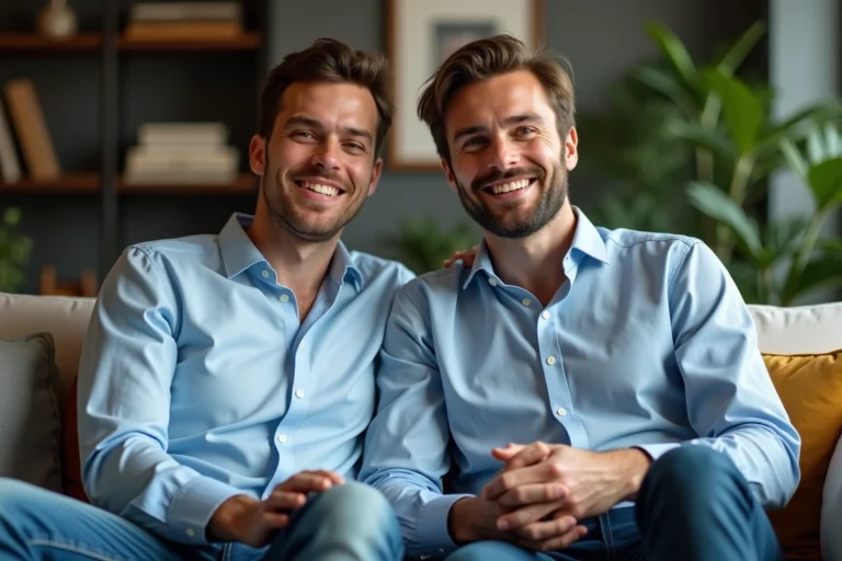 Deux hommes souriants dans un salon cosy et moderne