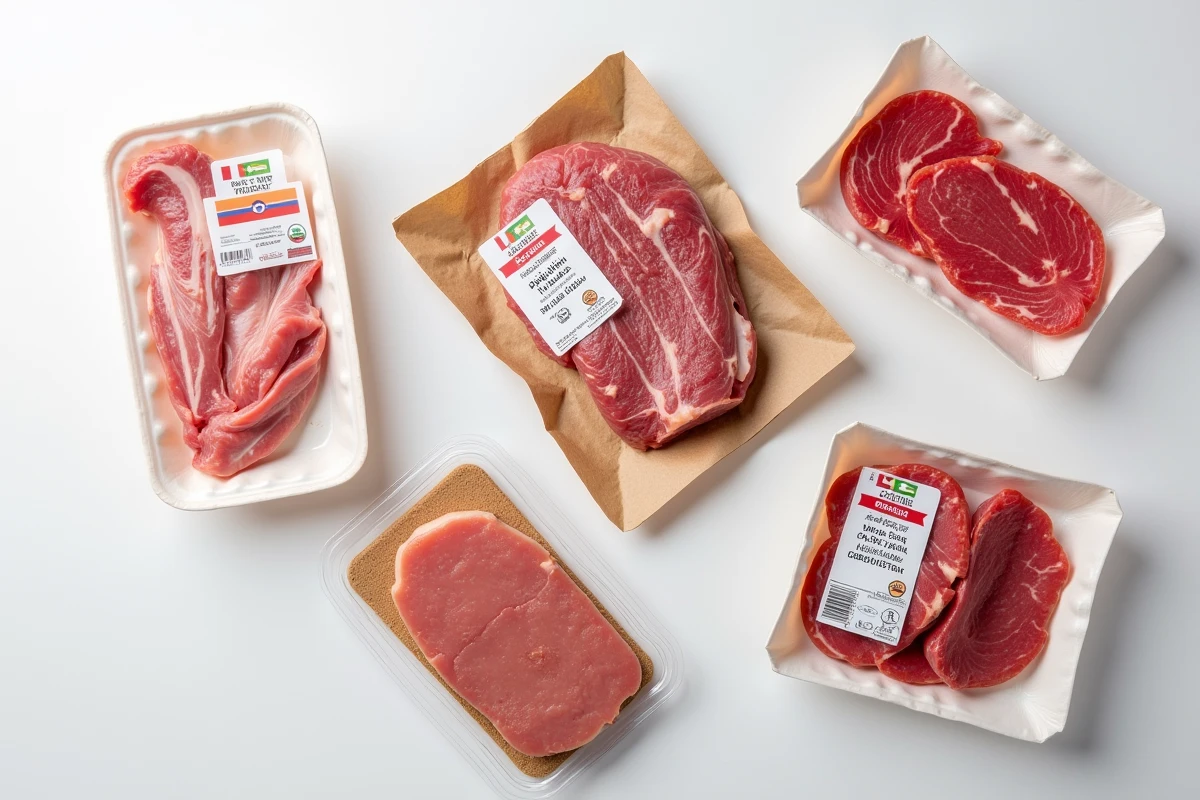 Vue aérienne de plusieurs emballages de viande avec étiquettes de provenance et logos de certification affichés clairement
