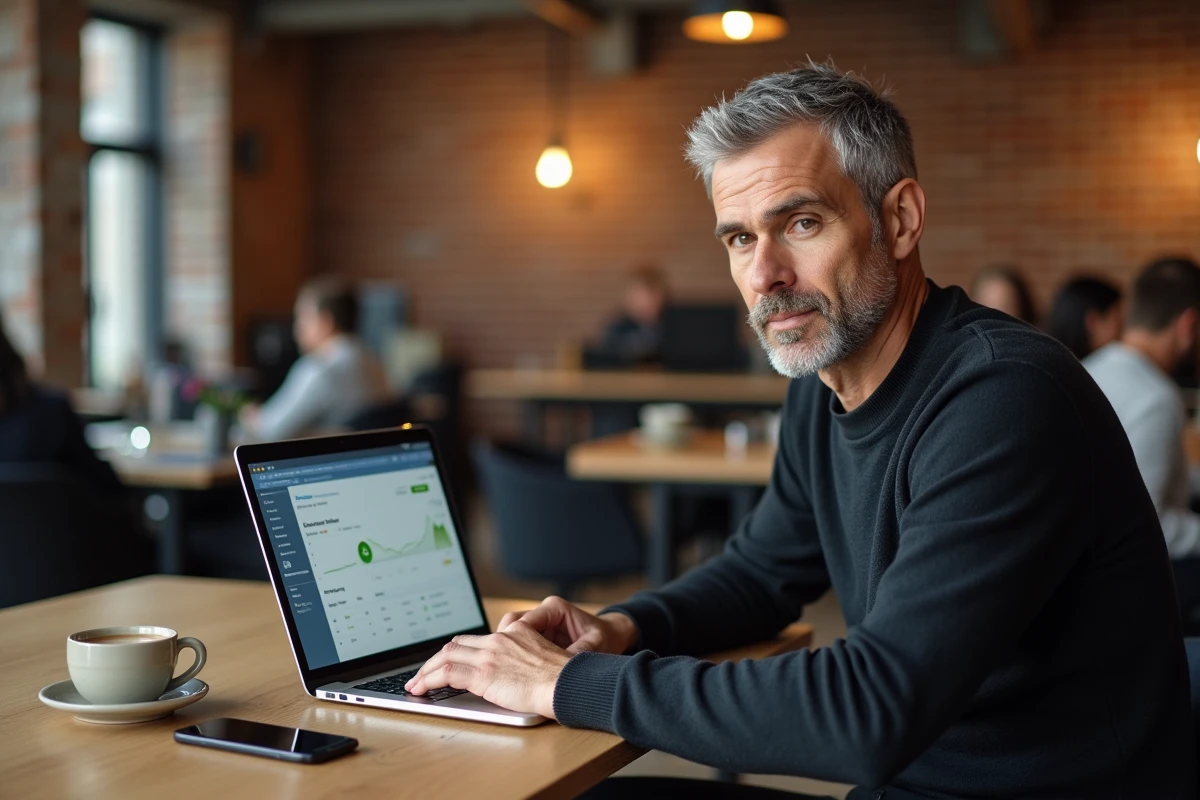 Entrepreneur consultant une plateforme B2B depuis un espace de coworking avec un café