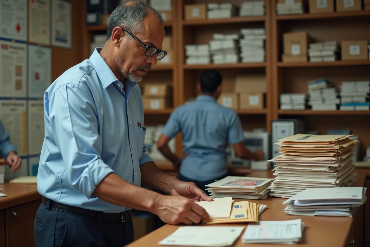Facteur mauricien triant du courrier avec codes postaux dans un bureau de poste local à l'île Maurice