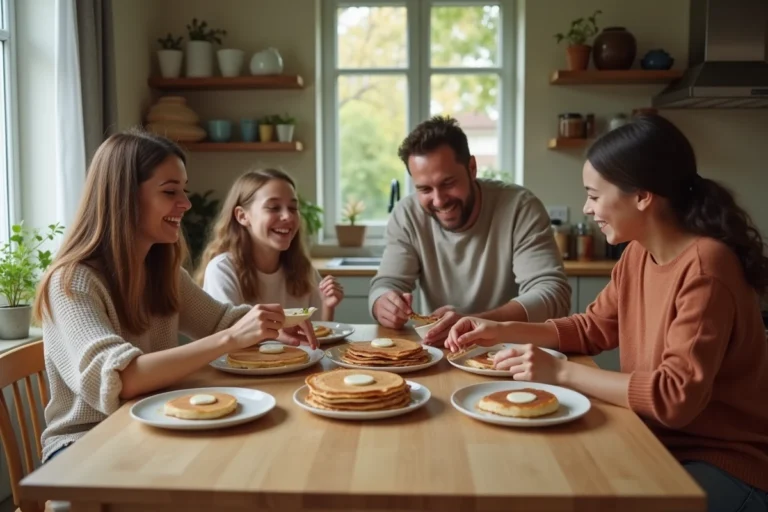 Famille épanouie réunie autour du petit-déjeuner dans une cuisine chaleureuse le week-end