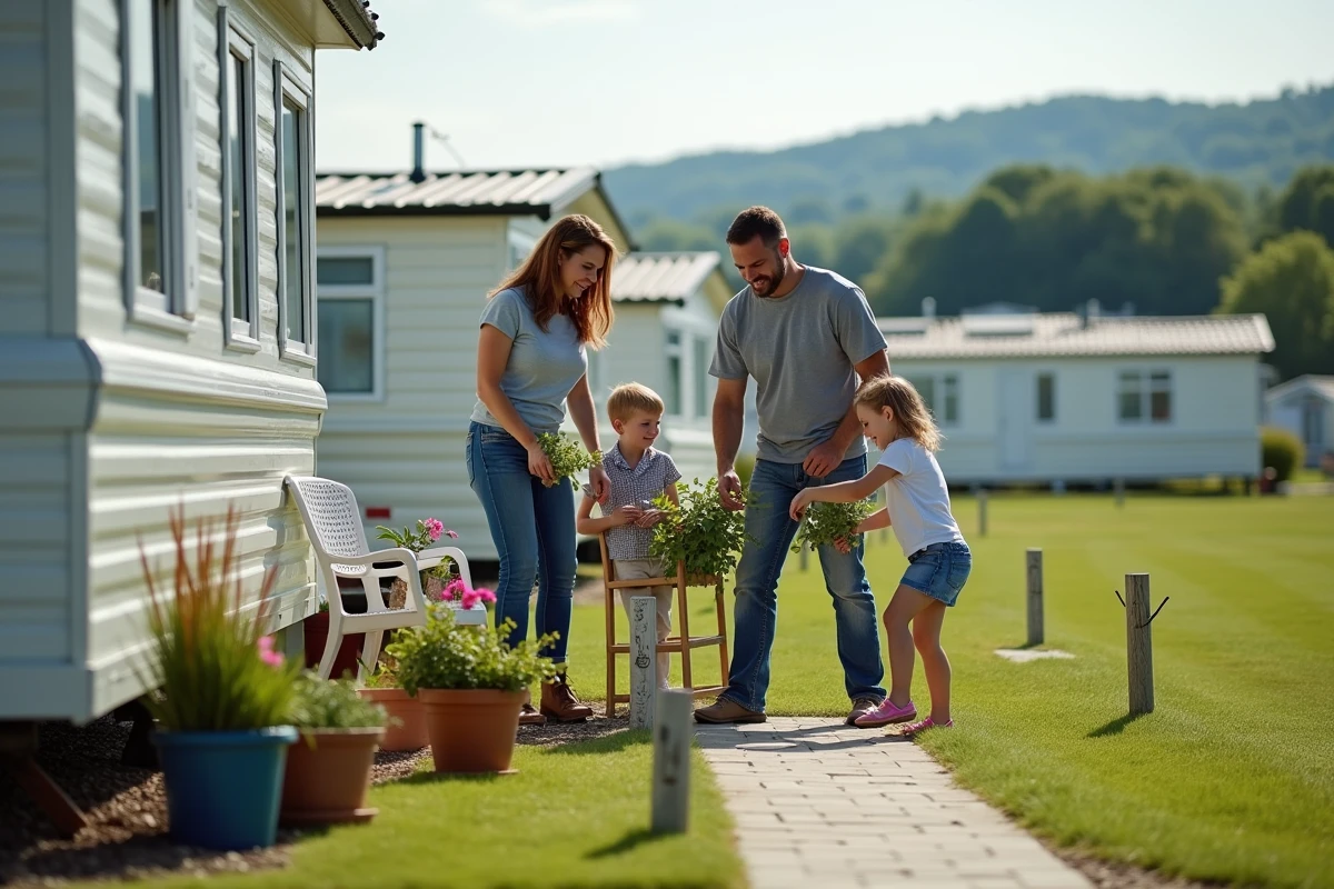 Famille jeune plantant des fleurs près de leur caravane en vacances