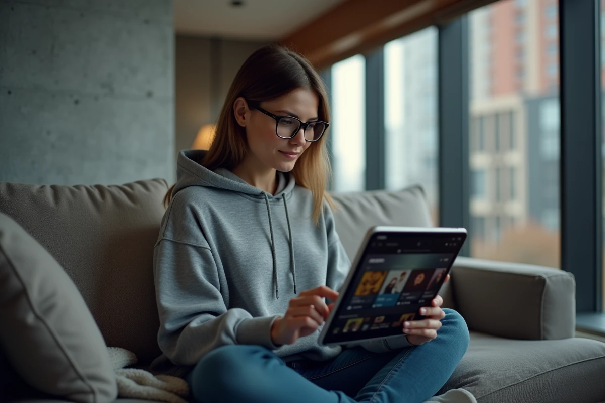 Femme consultant une plateforme de film en ligne sur une tablette depuis son salon de manière sécurisée