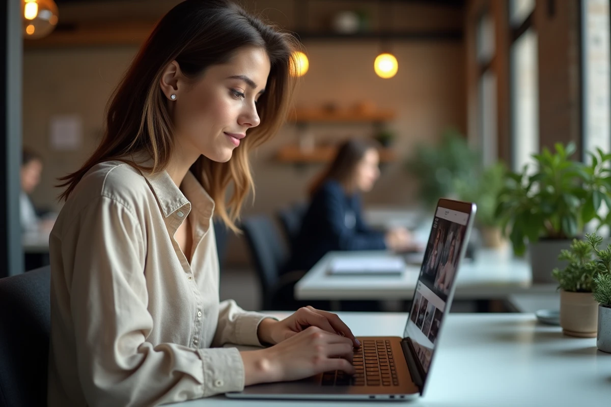 Femme consultant les tendances web et actualités numériques sur un ordinateur portable dans un espace de travail moderne