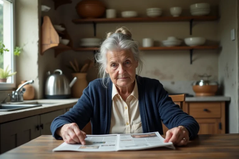 Femme âgée de plus de 70 ans lisant un journal dans une cuisine traditionnelle française