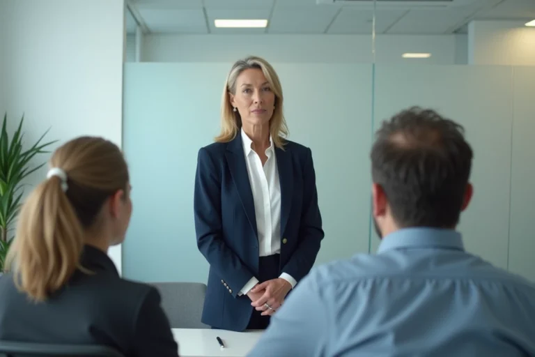 Femme cadre s'exprimant avec calme et autorité lors d'une réunion professionnelle dans une salle de conférence moderne