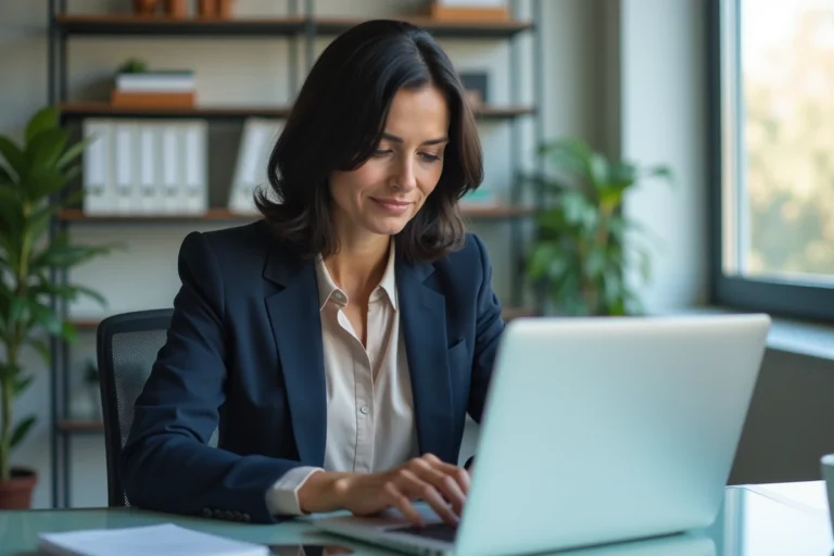 Femme d'âge moyen travaillant sur un ordinateur dans un bureau moderne