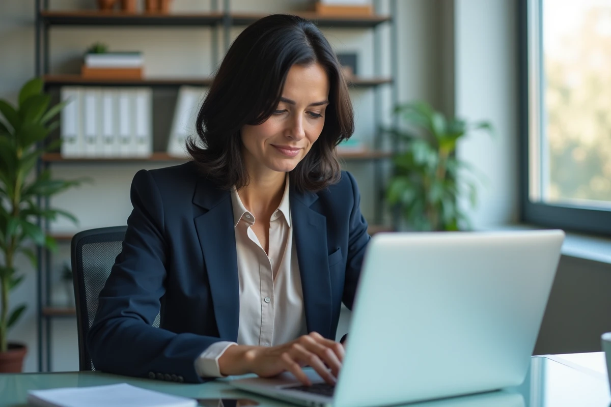 Femme d'âge moyen travaillant sur un ordinateur dans un bureau moderne