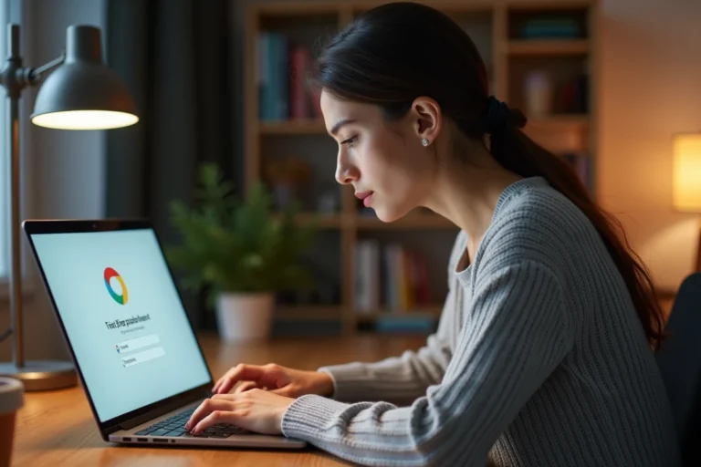 Femme à son bureau résolvant un problème de connexion sur son ordinateur portable