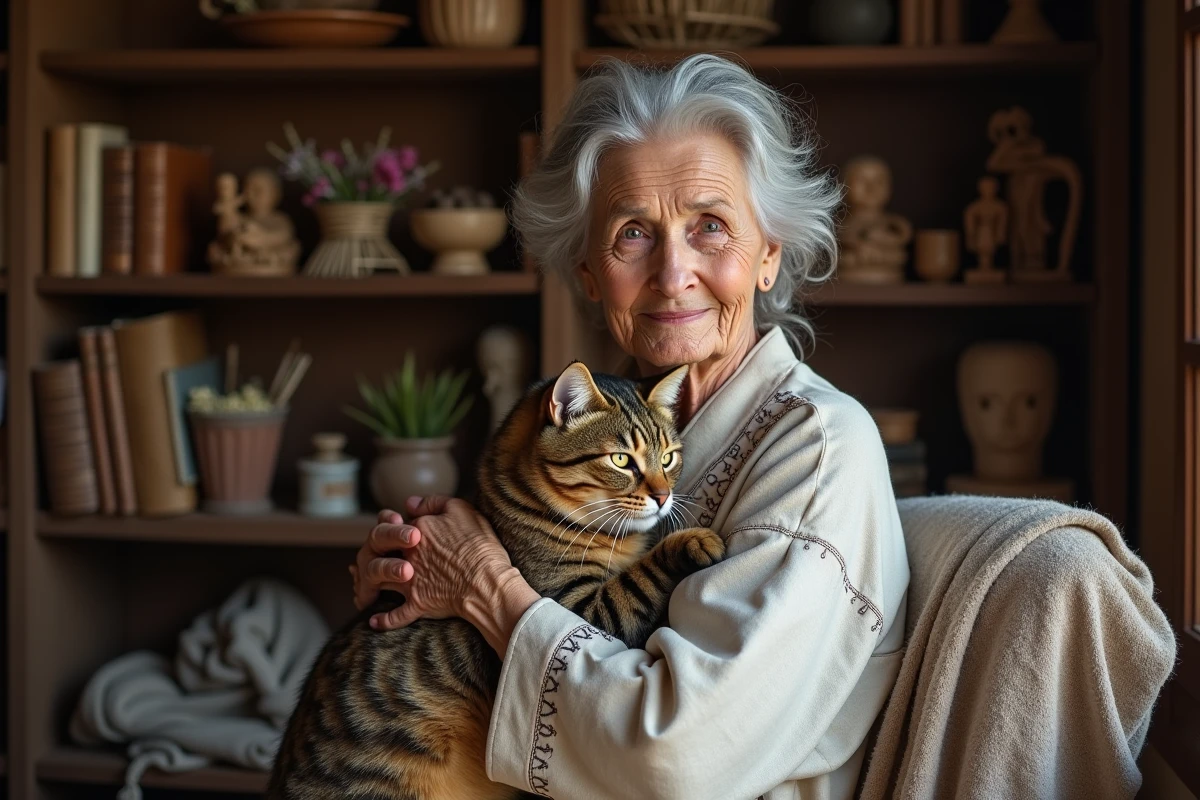 Femme âgée tenant tendrement un chat tabby marron et beige dans un intérieur rustique chargé de symboles spirituels et de livres anciens