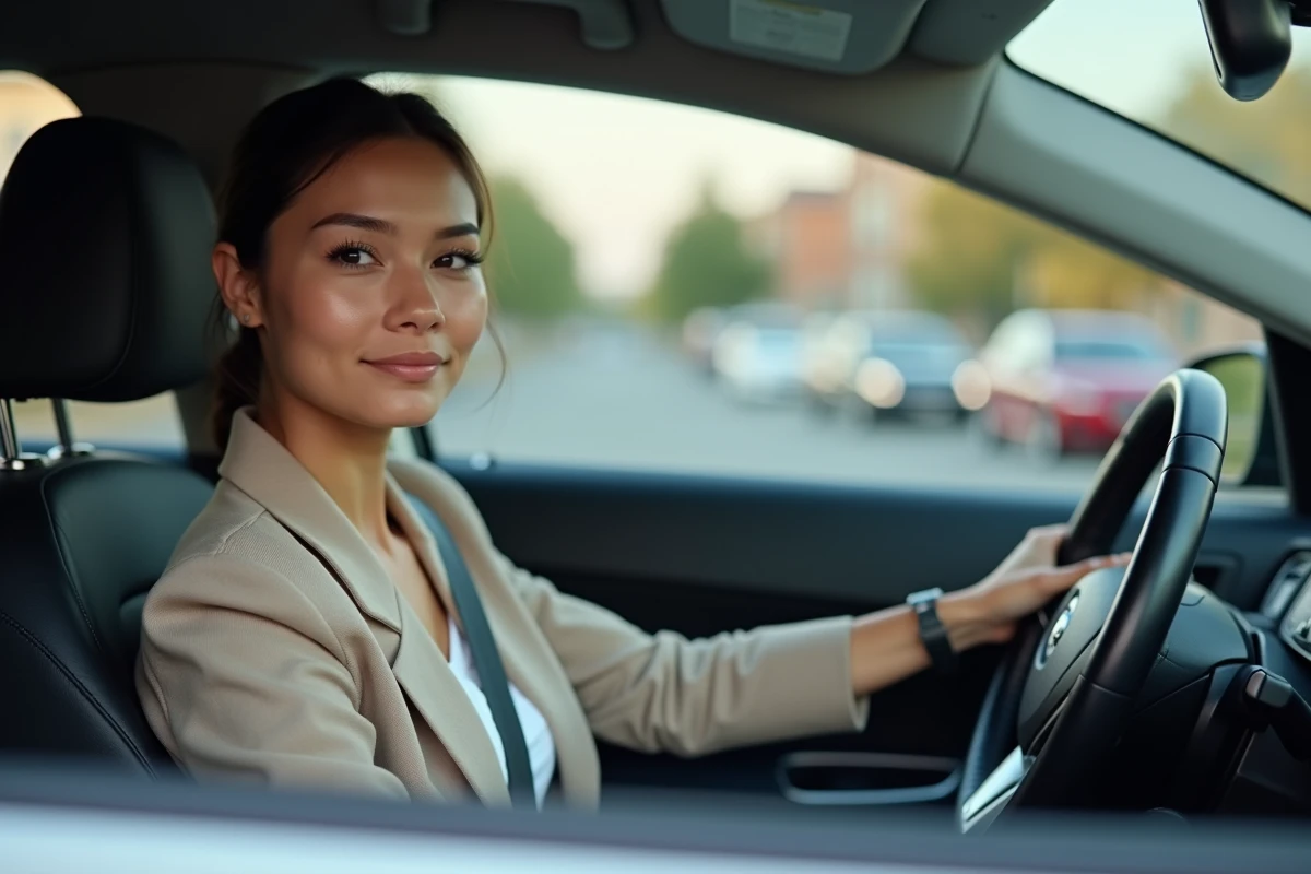 Jeune femme en voiture vérifiant sa ceinture de sécurité dans un environnement urbain