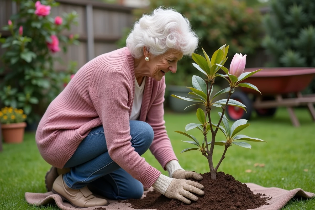Femme âgée plantant un magnolia dans son jardin en souvenir de ses 50 ans de vie conjugale