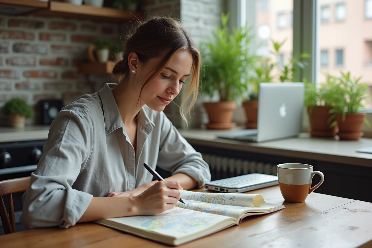 Femme préparant son voyage avec un journal de bord et des cartes dans une cuisine moderne