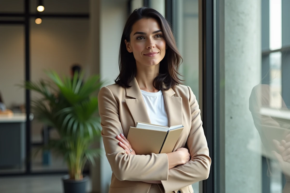 Femme professionnelle confiante dans un bureau parisien moderne tenant un carnet, expression posée
