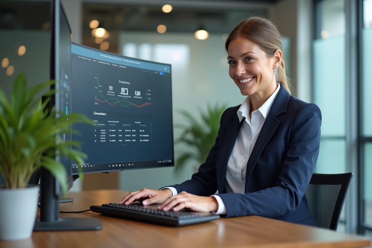 Femme professionnelle utilisant une plateforme B2B sur ordinateur dans un bureau moderne