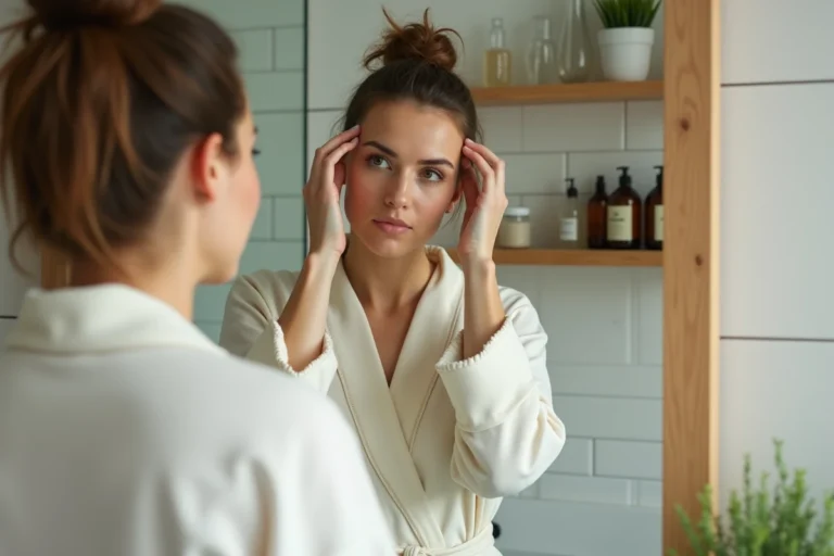 Femme examinant son cuir chevelu devant un miroir de salle de bain pour limiter les effets secondaires d'un traitement capillaire