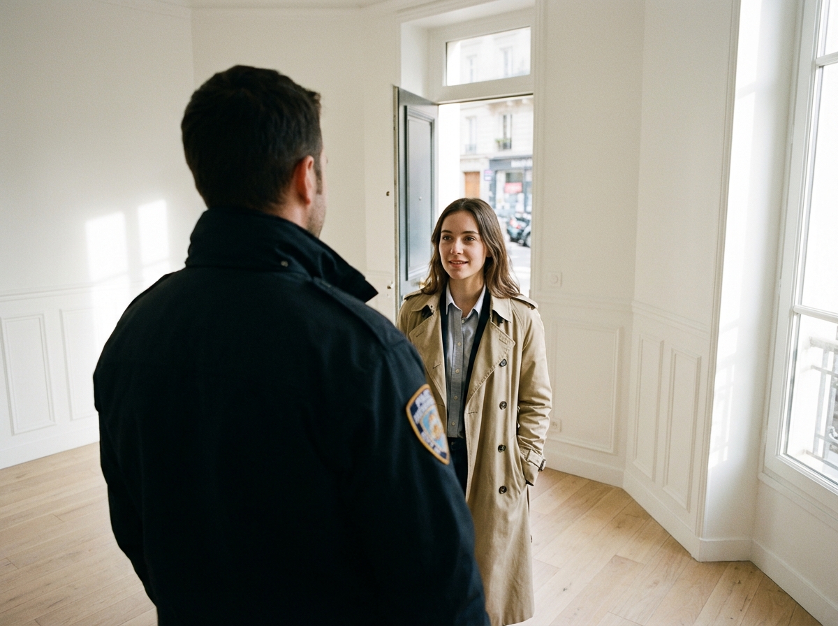 Jeune femme professionnelle écoute un technicien de sécurité dans un hall lumineux